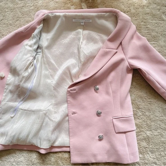 Veronica Beard Frayne Double-Breasted Crepe Low Shoulder Blazer Baby Pink Size 4